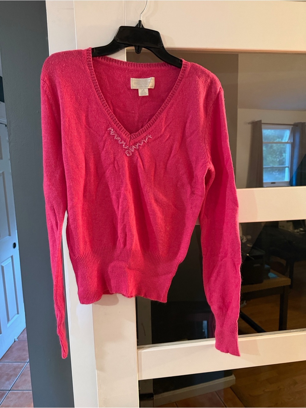 American Eagle Outfitters Hot Pink V-Neck Sweater with Subtle Stitch Detail